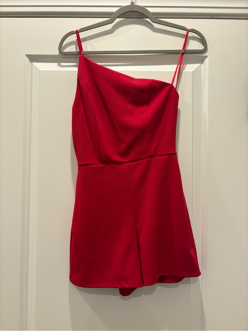 Asymmetric Red Spaghetti-Strap Romper